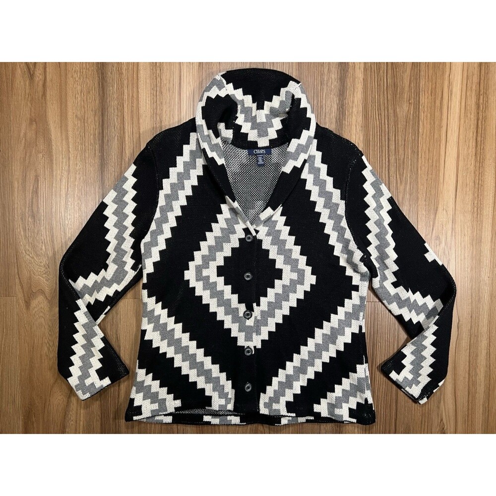 Chaps Sweater Womens Medium Black Gray Knit Cardigan Geometric Shawl Neck